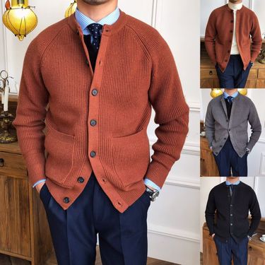Men's Knit Cardigan Sweater - Thick Warm Open Front Coat With Baseball Collar, Soft Breathable Polyester Blend, Relaxed Fit For Business Casual_voghion.com