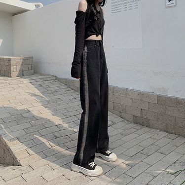 Straight leg jeans, children's autumn winter temperament, Hong Kong style design, long with high waist and loose wide_voghion.com