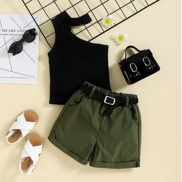Baby clothes Children's summer girls ins diagonal shoulder hanging neck pit strip top shorts two-piece set_voghion.com