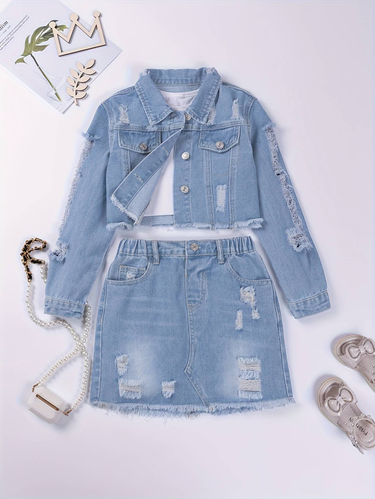 Girls' Light Blue Casual Fashion Simple Versatile College Style Ripped Denim Jacket Coat Skirt Suit_voghion.com