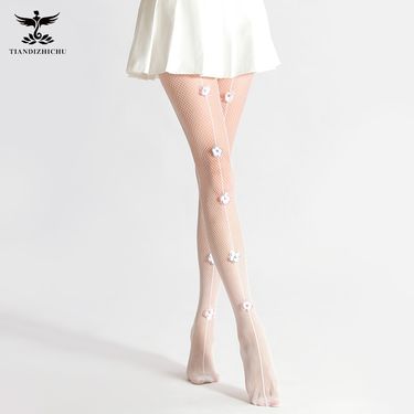 2025d Small Fine Mesh Flower Decoration Vertical Striped White Sweet Thin Pantyhose Black Fishnet Stockings_voghion.com