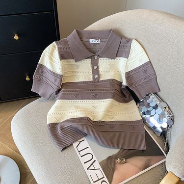 Women's Clothing Real shot Spot summer new design niche contrast color chic short sleeved T shirt ice silk sweater female_voghion.com