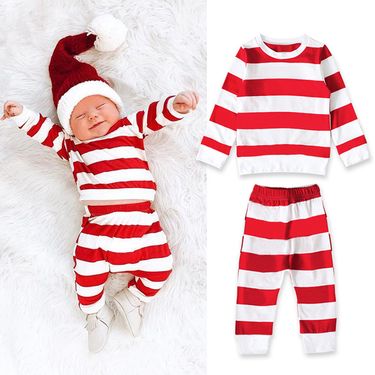 Boys And Girls Spring And Autumn Christmas Long-sleeved Crewneck Striped T-shirt + Trousers Two-piece Children's Suit_voghion.com