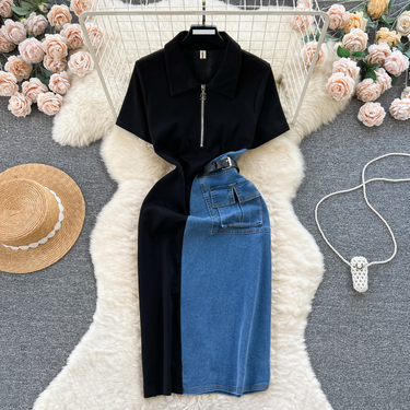 Women's Clothing retro denim skirt women's design sense contrast color stitching slim fit medium and long short sleeve temperament dress_voghion.com