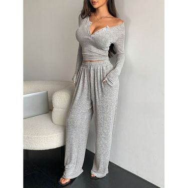 2024 Autumn New Sleeve Button-Up Solid Color Slim Top With Long Pants Two-Piece Set For Women_voghion.com