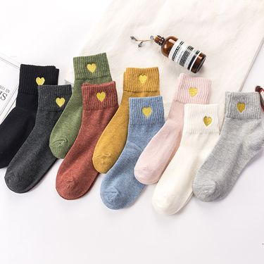 New autumn and winter socks gold thread love embroidery women's cotton socks high crotch ladies embroidered mid tube socks_voghion.com