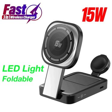 3 In 1 Foldable Magnetic Wireless Charger Pad Stand For Mag Safe IPhone 16 15 14 13 12 IWatch 9 8 AirPods Fast Charging_voghion.com