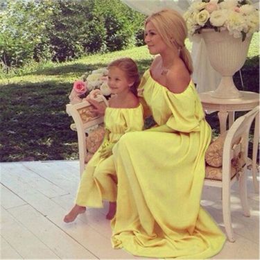 Hot Selling Parent Child Outfit, One Shoulder Off Shoulder Waisted Floor Length Dress, Parent Child Outfit Dress_voghion.com