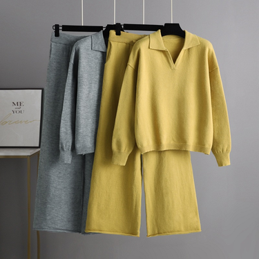 Women's knit suit loose polo neck sweater wide leg pants temperament two-piece set_viptrois.com