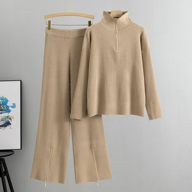 Women's Clothing solid color knitted high collar zipper sweater suit women's clothing 2024 autumn and winter fashion casual sweater suit_viptrois.com