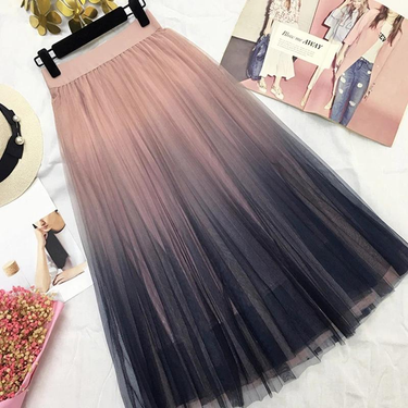 Mesh High Waist Pleated Women's Long Skirt A-line Tulle Gradient Student Women Skirts 2020 Spring Summer Fashion Elegant416_voghion.com