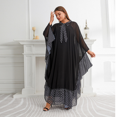 Women's loose large size bat shirt with bow polka dot print color matching robe burqa dress_voghion.com