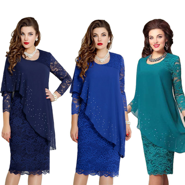 large size solid color lace splicing elegant three-quarter sleeve slim evening party dress cross-border women's clothing ready stock_viptrois.com
