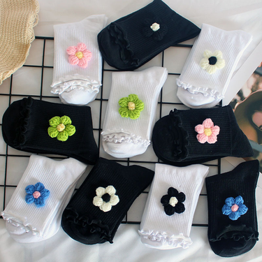 Socks Fashion Wool Flower Socks Women's Wooden Ear Edge Handmade Flower Women's Socks Sweet Three Dimensional Flower Mid Tube Socks Ins Socks_voghion.com