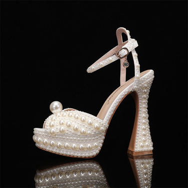 Spring new fish mouth high heels thick heel rhie pearl women's single dress bridal wedding shoes_voghion.com