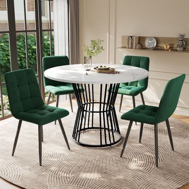 5-teiliges Esstisch-Set, Runder Tisch (Ø100 Cm) Mit Schwarzen Beinen, Weiße Platte, 4 Grüne Samtstühle_voghion.com