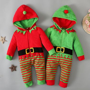 Children's European and American spring and autumn long-sleeved hooded Christmas striped jumpsuit romper clothing children's clothing ins_voghion.com