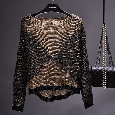 Cross-border Hot Selling European And American Hollow Sequins Loose Knitwear Pullover Bright Silk Base Shirt Long Sleeve Round Neck Top For Women_voghion.com