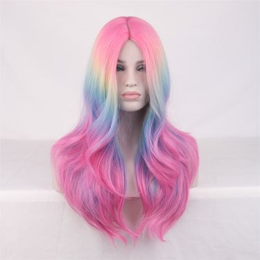 High temperature silk middle part bangs color wig curly hair pink colorful wig headpiece new_voghion.com