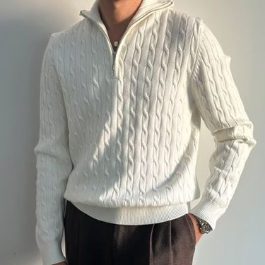 Men's Clothing Half Turtleneck Zipper Sweater For Men, High End Lazy Pullover Long Sleeved Sweater, Fashionable And Versatile White Jacket_voghion.com