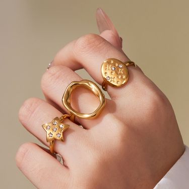 Square Sugar Stainless Steel Circular Hollow Geometric Design Ring Set, Niche Ring Accessories_voghion.com