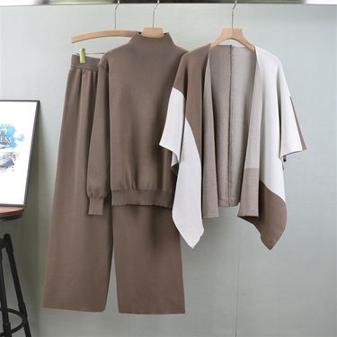 Women's Clothing Fashion Knitted Color Matching Shawl Wide Leg Pants Temperament Fashionable Three Piece Suit_voghion.com