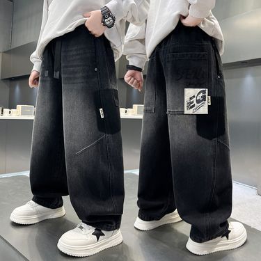 Boys' Stretch Comfort Jeans - Soft Cotton Denim Pants For Kids, High Waist Elastic Waistband, Trendy Casual Style (120-170cm, Black)_voghion.com