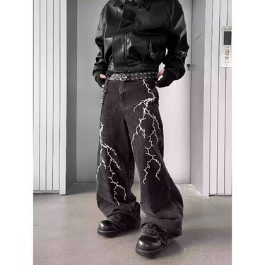 Lightning Embroidered Black Jeans Men's Straight Loose Fit Streetwear Hip Hop Baggy Pants For Casual & Trendy Outfits_voghion.com