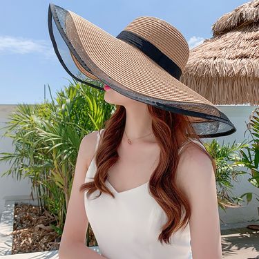 Hot Sale S09 Straw hat New Style Black Mesh Female Summer Sunscreen Cover Seaside Vacation Holiday Foldable Beach Hat Sun Visor_voghion.com