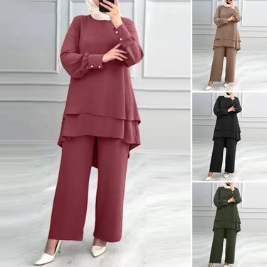 Women's Clothing Muslim new women's suit solid color double layer top fashionable and elegant loose wide leg pants suit_voghion.com