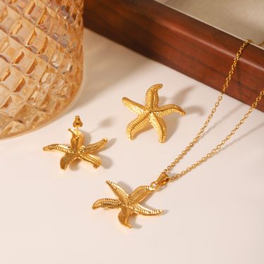 1Pc/3Pcs Huangchao Stainless Steel Starfish Pendant Necklace Stud Earrings For Women, Gold Plated Summer Jewelry Accessories_voghion.com