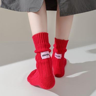 Autumn and winter pink label solid color primary embryo cotton thick thread knitted medium tube socks Internet celebrity men and women stacking socks_voghion.com