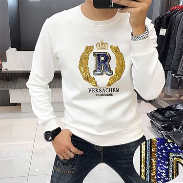 Sweatshirt men 2023 autumn winter long sleeved T-shirt embroidered sequin letter round neck shirt, middle-aged and young_voghion.com