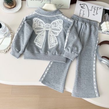 2024 autumn new Korean version girls' lapel long sleeved butterfly tie hoodie two-piece baby casual set 67389_voghion.com