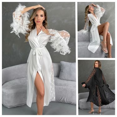 Women’s Long Sleeve Satin Nightgown – Plush Fur Trim & Skin-Friendly Robe (S/M/L, White/Black) – Elegant Sleepwear & Loungewear_voghion.com