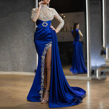 Women's Clothing Spring And Summer New Women's Blue Gold Sprinkled Round Neck Dress Sexy Splicing Evening Dress Long Skirt_voghion.com