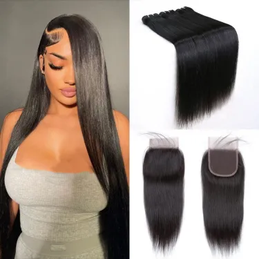 Straight Human Hair Bundles With Closure 3PCS Natural Color Hair Extension For Women_voghion.com
