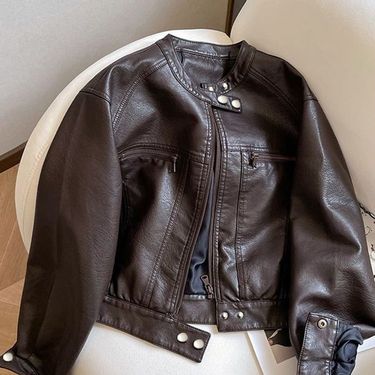 American Style Motorcycle Short PU Leather Coat For Women 2025 Spring Autumn New Small Size Design Stand Collar Jacket_voghion.com