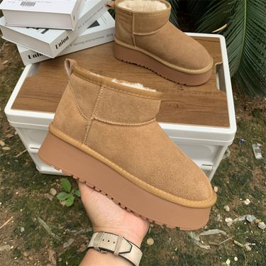 Leather Sole Height Increasing Snow Boots Women, Simple Style, Short Tube With Thick Fleece For Warmth, Same Style As_voghion.com