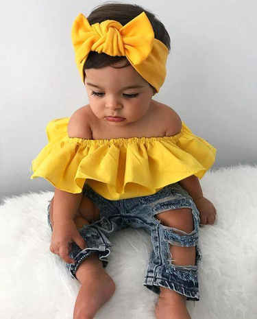 Baby Clothing Children's dress strapless denim + ripped denim 3-piece set_viptrois.com