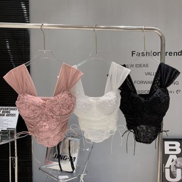 Women's Clothing Sexy Slim Vest Pink Lace Tube Top With Suspenders Sweet And Spicy Fishbone Top_voghion.com