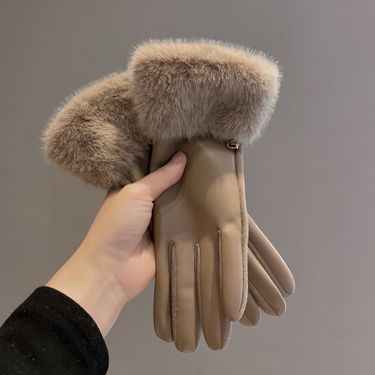 Leather Gloves Winter Women 2024 Versatile High-end Feel Fleece-lined Thickened Warm Cold-proof Outdoor Riding Driving_voghion.com