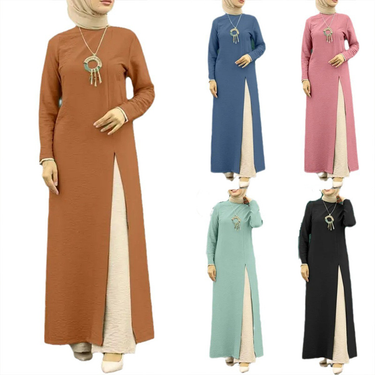 Women's Clothing ice silk wrinkled long sleeved high slit hem dress fashionable solid color elegant intellectual ladies robe_voghion.com