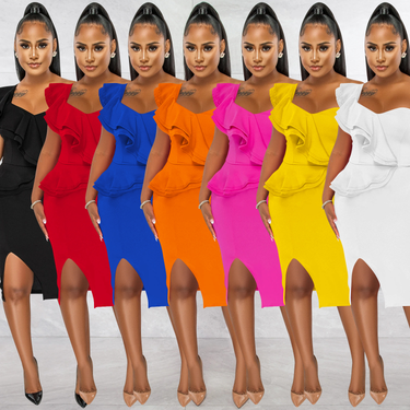 Women's Clothing fashion casual ruffled slit one shoulder sleeve dress women's clothing_viptrois.com