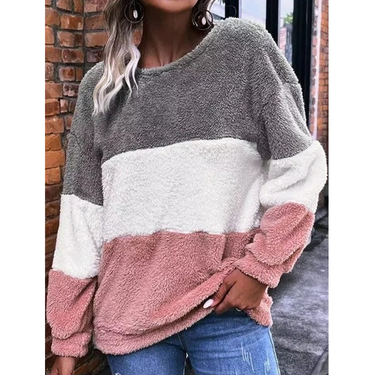 Women's striped color matching round neck plush sweatshirt loose warm top women's dress_voghion.com