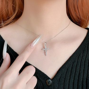 S925 Sterling Silver Crown Cross Necklace Pendant Personality Rotating Circle Clavicle Chain_voghion.com