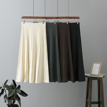 Women's clothing Wool knitted skirt women's mid-length thickened autumn and winter new high waist slimming pleated skirt big swing umbrella skirt_voghion.com