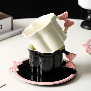 Cream Style Creative Flower Bow Mug Designer Afternoon Tea Latte Cup Girl's Heart Coffee Cup Plate_voghion.com