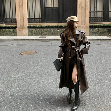 Retro Mid-Length Over-the-Knee Jacket High-Quality Women’s New Loose Leather Windbreaker_voghion.com