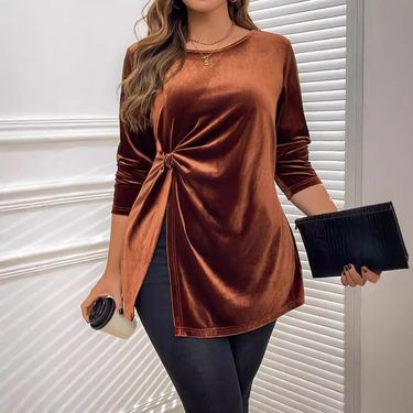 Women's Clothing Elegant Style T Shirt Autumn And Winter Twisted Slim Velvet Long Sleeved Top_voghion.com